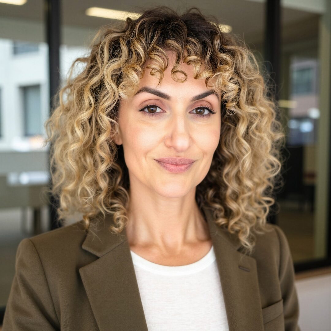 Smiling woman with curly blonde hair