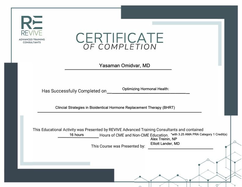 Certificate of completion for hormone therapy training.